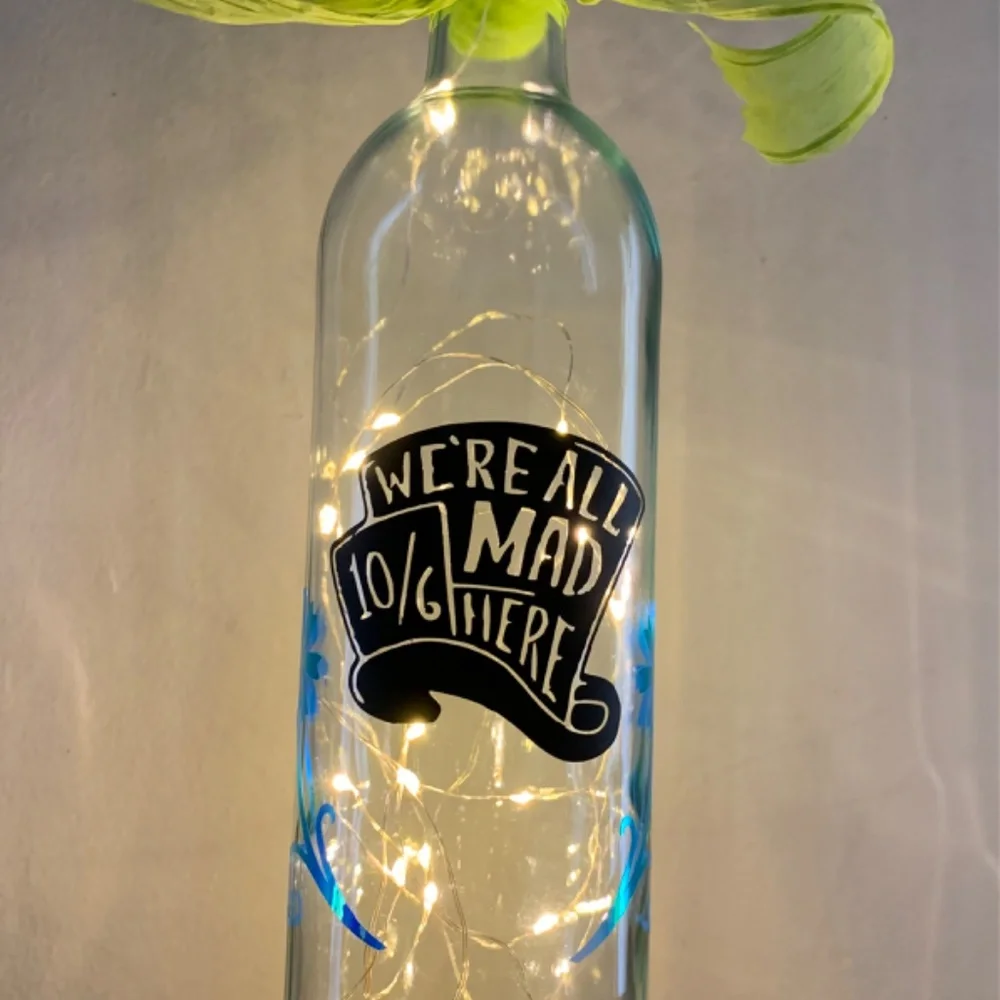 Hand Crafted- ‘We’re All Mad Here’ logo Mad Hat Wine Bottle Lantern